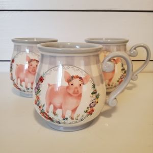 3 Pioneer Woman Gingham Pig Floral Mugs 16.6oz